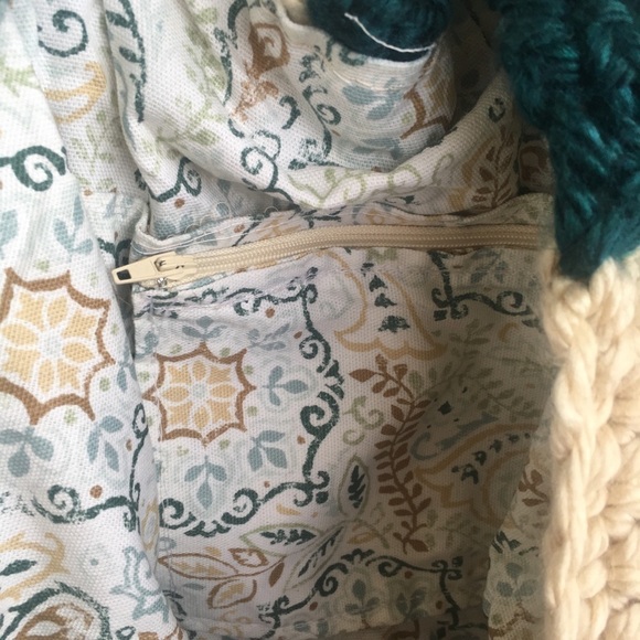 Teal Cream Striped Knit Market Bag Purse Tote - Picture 5 of 7